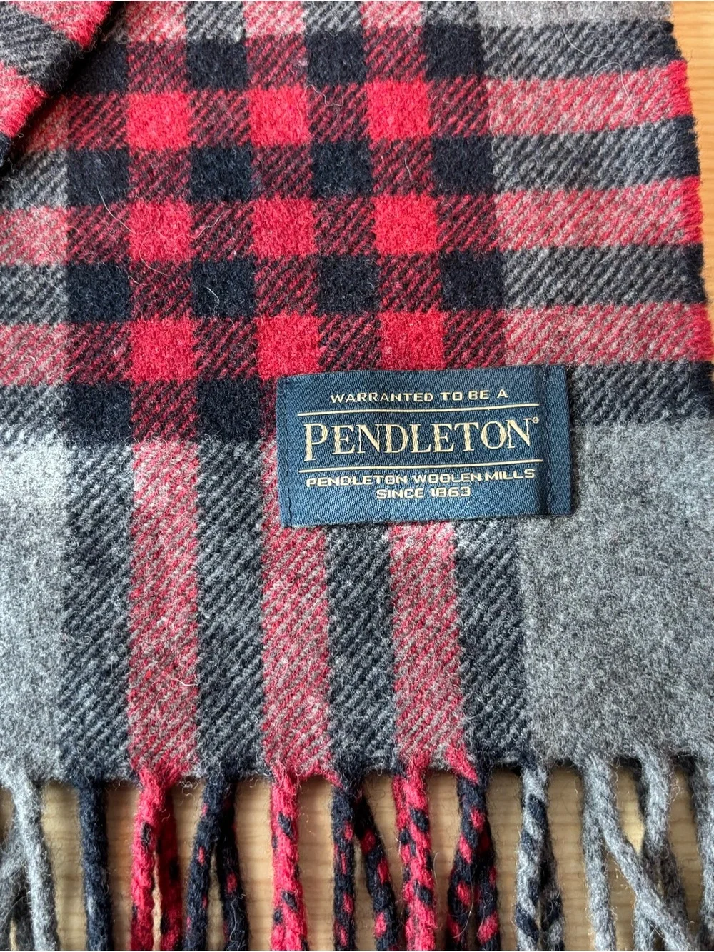 Vintage Pendleton 100% Virgin Wool Scarf Gray Red Plaid Fringed Muffler
